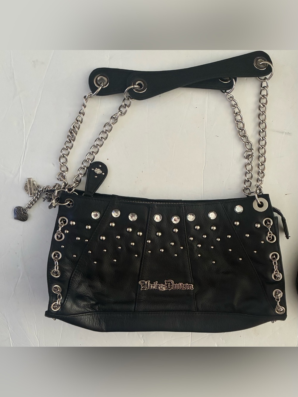 Harley-Davidson Black Leather Studded Chain-Handle Shoulder Bag